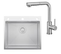 CECIPA 44 x 49 cm Évier avec L robinet de cuisine amovible, évier de cuisine, 1 baignoire en acier inoxydable, pour meuble de 50 cm