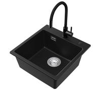 CECIPA 45x45cm Évier Noir avec Robinet, Mitigeur de Cuisine Flexible avec 2 Types de Jet, Évier Intégré Moderne en Granit Rectangulaire, Lavabo de Cuisine