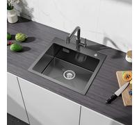 CECIPA 50x45 Cm Évier Inox 1 Bac Noir-Gris À Poser, Evier Cuisine 1 Bac Anthracite Pour Meuble De 50cm Et Plus, Evier Inox Noir À Encastrable Avec Siphon & Trop-Plein