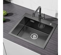 CECIPA 50x45 Cm Évier Inox 1 Bac Noir-Gris À Poser, Evier Cuisine 1 Bac Anthracite Pour Meuble De 50cm Et Plus, Evier Inox Noir À Encastrable Avec Siphon & Trop-Plein