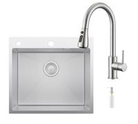 CECIPA 54 x 49 cm Évier de cuisine en acier inoxydable avec arc robinet de cuisine amovible, évier de cuisine 1 baignoire avec distributeur de savon pour meuble de 60 cm