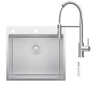 CECIPA 54 x 49 cm Évier de cuisine en acier inoxydable avec arc robinet de cuisine ressort, évier de cuisine, 1 baignoire avec distributeur de savon pour meuble de 60 cm