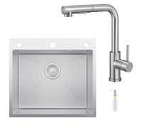 CECIPA 54 x 49 cm Évier de cuisine en acier inoxydable avec L robinet de cuisine amovible, évier de cuisine, 1 baignoire avec distributeur de savon pour meuble de 60 cm
