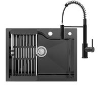CECIPA 60 x 45 cm Évier noir en acier inoxydable avec arc robinet cuisine ressort, lavabo cuisine 1 baignoire pour meuble de 60 cm