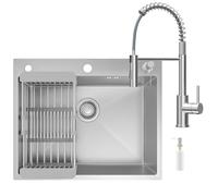 CECIPA 60 x 49 cm Évier de cuisine 1 baignoire avec arc robinet de cuisine, ressort, évier de cuisine en acier inoxydable, avec distributeur de savon pour meuble de 60 cm