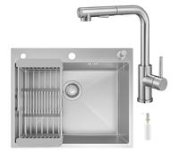 CECIPA 60 x 49 cm Évier de cuisine 1 baignoire avec L robinet de cuisine amovible, évier de cuisine en acier inoxydable avec distributeur de savon pour meuble de 60 cm