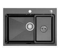 CECIPA 68x48 cm Évier Cuisine noir 1 Bac en Acier Inoxydable, Protection Insonorisante EVA, Évier de Cuisine Avec Siphon et Système d'évacuation pour Armoires 70 cm ou plus