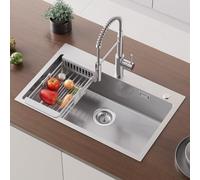 CECIPA 70×45CM Évier Cuisine 1 Bac avec Panier d'Égouttage Rétractable, Grand Inox à Poser pour Meuble de 70cm et Plus, Gaufré Argent avec Siphon, Trop-Plein et Égouttoir