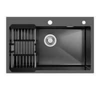 CECIPA 70×45CM Evier Inox Noir Gris avec Panier d'Égouttage, Grand Eviers Cuisine 1 Bac pour Meuble de 70cm et Plus, Evier Noir Inox Gaufré à Poser avec Siphon & Trop-Plein et Egouttoir