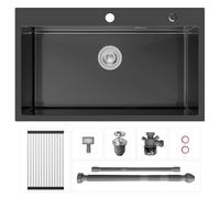 CECIPA 75x45 cm Évier Cuisine noir 1 Bac en Acier Inoxydable, Avec égouttoir pliable, dispositif anti-débordement et un kit de vidange, Convient 80 centimètres plus Évier intégré