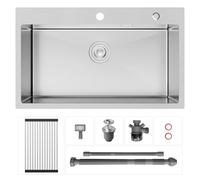 CECIPA 75x45 cm Évier de Cuisine 1 Bac en Acier Inoxydable, Avec égouttoir pliable, dispositif anti-débordement et un kit de vidange, Convient 80 centimètres plus Évier intégré