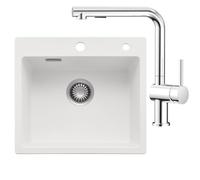 CECIPA Ensemble d'évier de cuisine, blanc, 50 x 45 cm, avec robinet de cuisine extensible chromé, en granit, 1 bac encastrable, 80 % sable de quartz, avec siphon et trop-plein