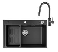 CECIPA Ensemble d'évier de cuisine en granit noir 70x45 cm, évier simple avec mitigeur, robinet pivotant à 360°, 2 types de jet