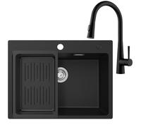 CECIPA Evier Cuisine 1 Bac 60 x 45 cm avec Robinet Cuisine Douchette, Evier Noir en Granit avec Panie de Vidange, Lavabo Cuisine pour Meubles Bas de 60 cm avec Siphon Classique et Trop-plein