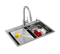 CECIPA Evier Cuisine 1 Bac 70x45 CM, Evier Inox avec Egouttoir et évier mobile et planche à découper,lavabo cuisine avec Trous pour Robinets et Distributeur de Savon, Argenté avec Robinet Extractible