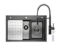 CECIPA Evier Cuisine 1 Bac 70x45 CM, Evier Inox avec Egouttoir et évier mobile et planche à découper,lavabo cuisine avec Trous pour Robinets et Distributeur de Savon, Noir avec Robinet Ressort