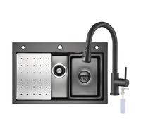 CECIPA Evier Cuisine 1 Bac 70x45 CM, Evier Inox avec Egouttoir et évier mobile et planche à découper,lavabo cuisine avec Trous pour Robinets et Distributeur de Savon, Noir avec Robinet Douchette