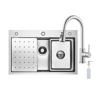 CECIPA Evier Cuisine 1 Bac 70x45 CM, Evier Inox avec Egouttoir et évier mobile et planche à découper,lavabo cuisine avec Trous pour Robinets et Distributeur de Savon, Argenté avec Robinet Douchette