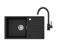 CECIPA Evier Cuisine 1 Bac avec Egouttoir, Mitigeur, Evier Noir en Granit 78 x 45 cm, Lavabo 1 Bac, Siphon Classique et Trop-plein