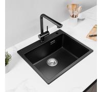 CECIPA Evier Cuisine Noir 55x45cm, 80% Sable Quartz, Évier En Granit, 1 Bac À Encastrer, Évier Cuisine Avec Siphon & Trop-Plein, CNC0603