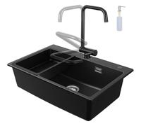 CECIPA Évier Cuisine Noir avec Robinet Pliable, 70 x 45 cm Lavabo Cuisine 1 vasque en Granit avec Distributeur de Savon et Panier de Vidange, Encastré dans le Meuble 80cm, avec Siphon
