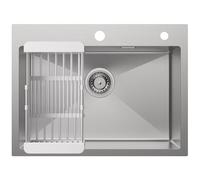 CECIPA Évier Cuisine1 Bac Avec Égouttoir Et Siphon, Évier De Cuisine 60x45 Cm, Évier Inox Brossé 304 En Carré, Évier Encastré Avec 2 Trous De Robinetterie, Évier Exterieur Pour Camping Car