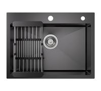 CECIPA Évier Cuisine1 Bac Avec Égouttoir Et Siphon, Évier De Cuisine 60x45 Cm, Évier Noir Anthracite En Carré, Évier Encastré Avec 2 Trous De Robinetterie, Évier Exterieur Pour Camping Car