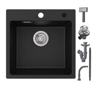 CECIPA Évier de 45x45cm en Granit Noir, Évier Noir, Évier de Cuisine Rectangulaire, Évier de Cuisine, Évier Encastrable Moderne en Granit, Lavabo de Cuisine, Évier Simple avec 2 Trous pour Robinet