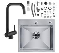 Cecipa Évier de Cuisine 1 Bac, 50 x 45 x 18,5 cm + Robinet de Cuisine Rabattable Noir, Mitigeur Sous Fenêtre, Avec 2 Jets aux Choix