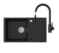 CECIPA Évier de Cuisine 1 Bac en Granit Noir 78 x 45 cm, 80% Sable Quartz Résistant à l'usure et aux chocs, Évier Cuisine Installation Réversible, avec Kit de Vidage et Noir Robinet Extractible