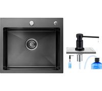 CECIPA Évier de cuisine 1 cuve Évier en acier inoxydable 1 cuve avec siphon et trop-plein Évier de cuisine 50×45×18,5CM + distributeur de savon noir
