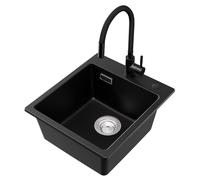 CECIPA Évier de cuisine, 40 x 45 cm, avec robinet flexible, 2 types de jets, noir, rectangulaire, en granit noir, petit évier de cuisine
