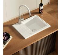 CECIPA Évier de cuisine 60 x 46 cm, en céramique, blanc, facile à nettoyer, résistant à la chaleur, avec 2 pré-trous, robinet de cuisine flexible, pivotant à 360°