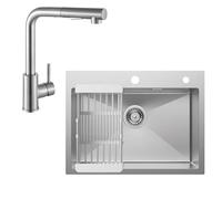 CECIPA Évier de cuisine 60x45 cm + robinet extensible égouttoir siphon - 1 bac carré - Évier encastrable 2 trous