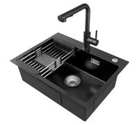 CECIPA Évier de cuisine anthracite 60 x 45 cm + robinet de cuisine extensible noir brossé, razitton, évier de cuisine avec égouttoir et siphon, 1 bac carré, évier encastrable avec 2 trous de