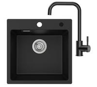 CECIPA Évier De Cuisine Carré En Granit Noir 45x45 Cm Avec Mitigeur Flexible