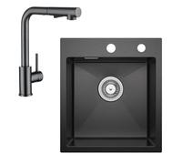 CECIPA Évier De Cuisine En Acier Inoxydable 40 X 45 Cm Anthracite + Robinet De Cuisine Extensible - Kit Complet Carré - Petit Évier Pour Meuble Bas De 40 Cm