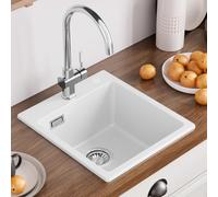CECIPA Évier de cuisine, en granit, 40 × 45 cm, blanc, pour petite cuisine, rectangulaire, avec kit de vidange, encastrable moderne en granit
