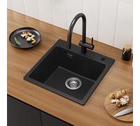 CECIPA Évier de cuisine en granit 45x45cm, Ensemble moderne d’évier encastrable avec 2 trous pour robinet, Noir, Angulaire, Lavabo pour la cuisine