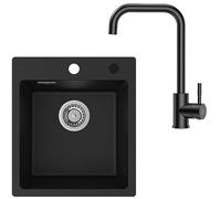 CECIPA Évier de cuisine, en granit, avec robinet, noir, encastrable, rectangulaire, 40 x 45 cm