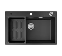 CECIPA Évier de cuisine en granit - Grand bac simple - 70 x 45 cm - Résistant aux rayures, à la chaleur - Facile à nettoyer - Avec distributeur de savon, bonde et kit de montage - Noir