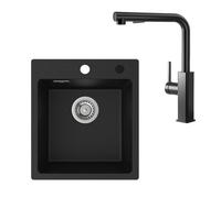CECIPA Évier de cuisine en granit noir 40 x 45 cm avec robinet de cuisine extensible - Rectangulaire - Certifié TÜV - Lavabo de cuisine avec bonde et robinet d'évier - Noir