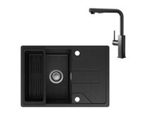 CECIPA Évier de Cuisine en Granit Noir 65x45 cm, 1 Bac pour Meuble Bas 40cm+, avec Robinet Extensible, Égouttoir, Siphon et Trop-Plein