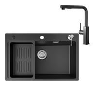 CECIPA Évier de cuisine, en granit, noir, 70 x 45 cm, avec robinet, pour meuble bas à partir de 70 cm, extensible rotatif à 360°, 2 fonctions de jet