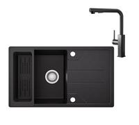 CECIPA Évier de Cuisine en Granit Noir 78x45 cm, pour Meuble Bas 45cm+, avec Robinet Extensible, Égouttoir, Siphon et Trop-Plein