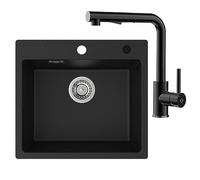 CECIPA Évier de cuisine, noir, 50 x 45 cm, en granit, à 1 bassin, encastrable, 80 % sable de quartz, avec siphon