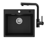 CECIPA Évier de cuisine, noir, 55 x 45 cm, en granit, à 1 bac, encastrable, 80 % sable de quartz, avec siphon[...missing end of sentence]