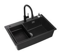 CECIPA Évier de cuisine noir 70 x 45 x 20 cm avec robinet extensible et distributeur de savon, évier en granit avec garniture d'écoulement et de trop-plein, 1 bac encastrable à partir de 80 cm de