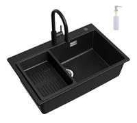 CECIPA Évier de cuisine noir 70 x 45 x 20 cm avec robinet noir extensible en granit avec bonde et trop-plein, 1 bac encastrable à partir de 80 cm de largeur d'armoire, évier de cuisine avec robinet