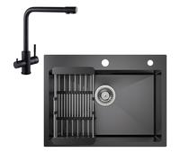 CECIPA Évier de cuisine noir anthracite 60 x 45 cm + robinet 3 voies avec égouttoir et siphon 1 bac carré encastrable avec 2 trous de robinet